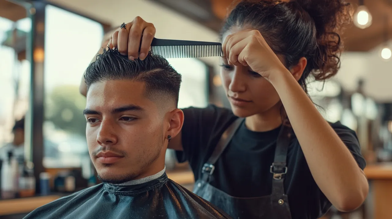 Alumno barbero del CCAI perfilando la barba de un cliente en el sillón. Foto 1 de 4
