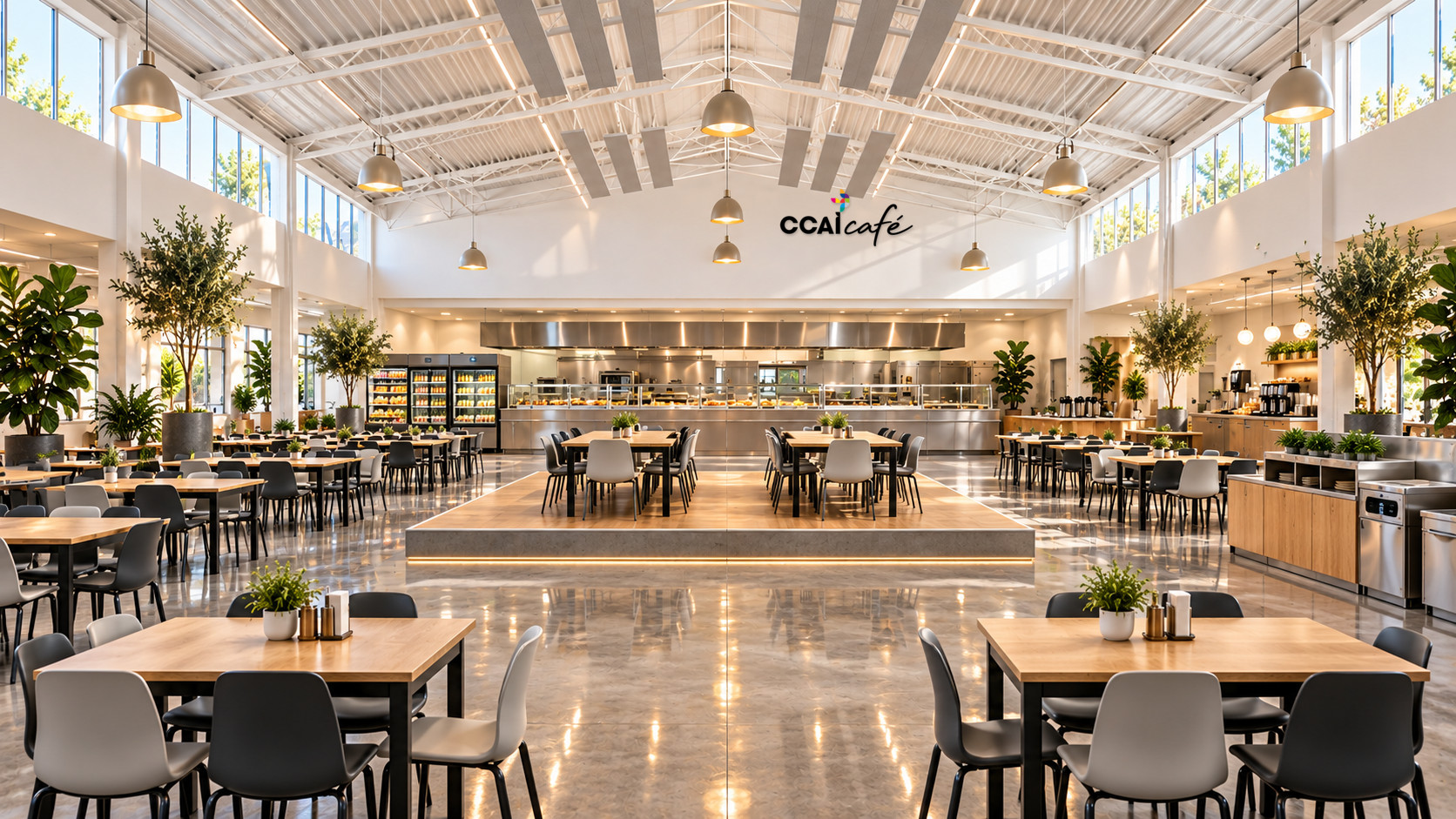 Render conceptual del interior de CCAI café en la Nave 7: mesas, plataforma central, cocina y el logotipo CCAI café sobre el muro