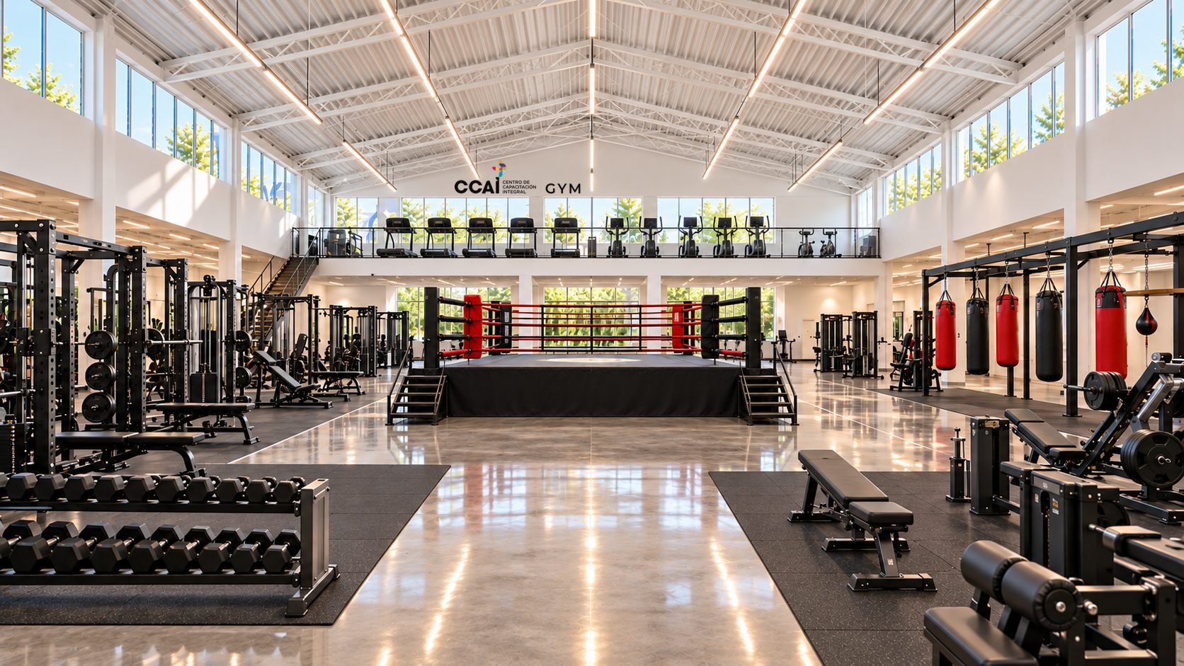 Render conceptual de CCAI GYM en la Nave 9: ring de box al centro, pesas, costales, mezanine con caminadoras y el logotipo CCAI GYM en el muro