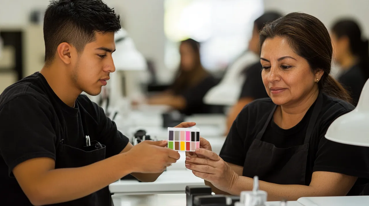 Alumna del CCAI aplicando esmalte en la mano de una clienta. Foto 1 de 4