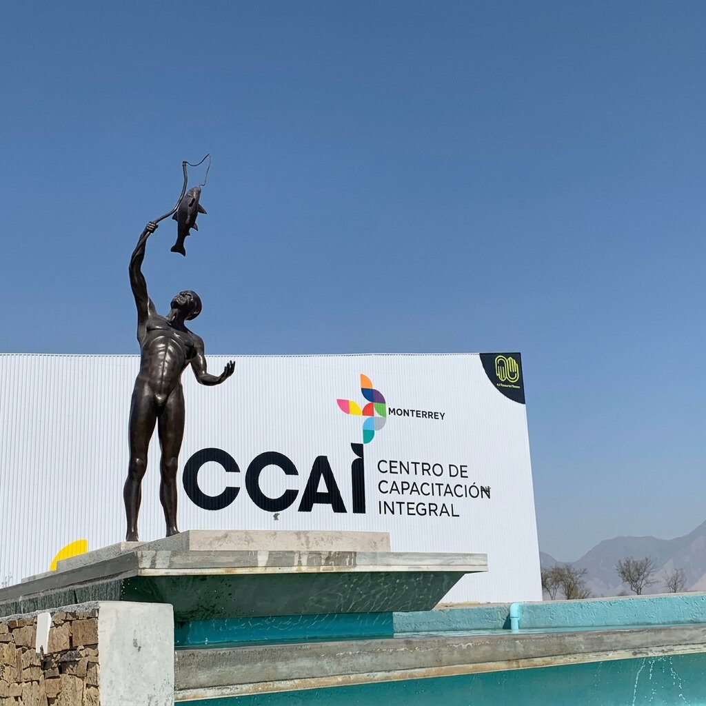 Escultura del pescador en la fuente de acceso del CCAI San Bernabé